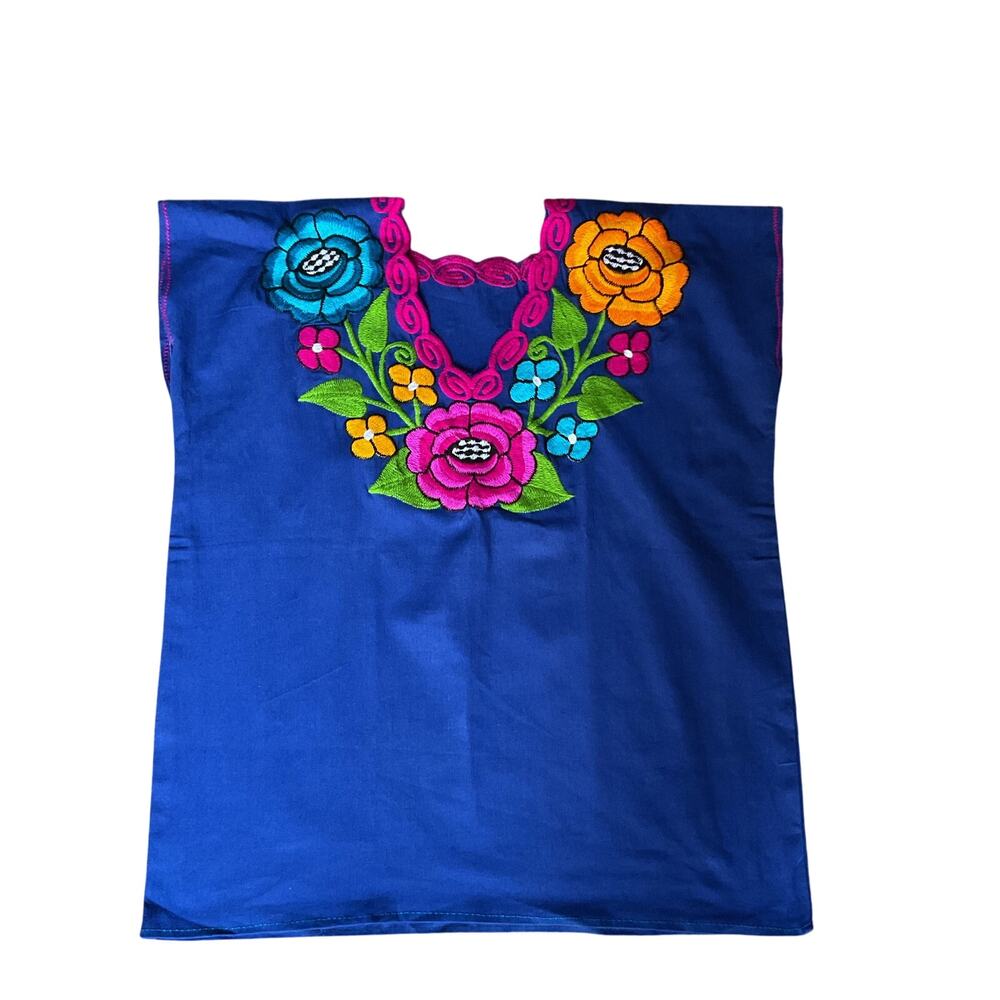 Mexican Blouse Blue Embroidered  Artisanal Cotton Floral  Chiapas Boho Handmade - Picture 3 of 3